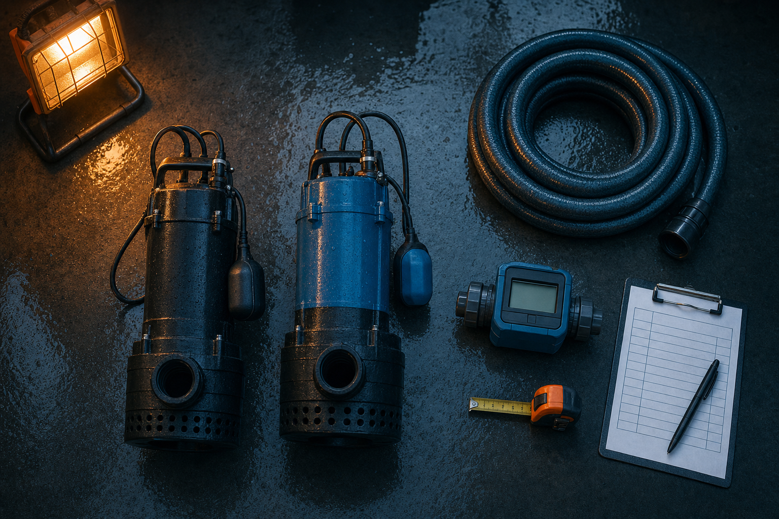 Sump pump comparison bench: primary and backup pumps with spec sheets and manuals